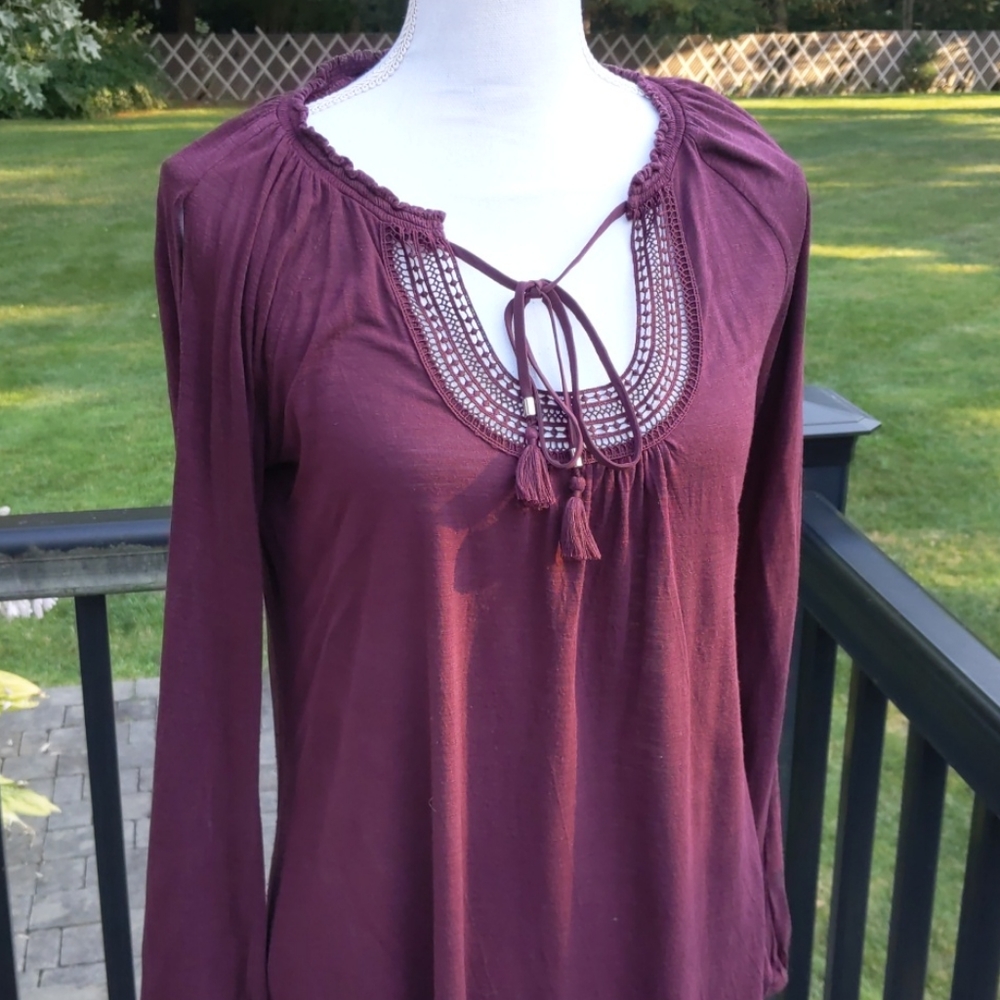 WHBM Peasant Boho Slit Sleeve Embroider Tassel Top